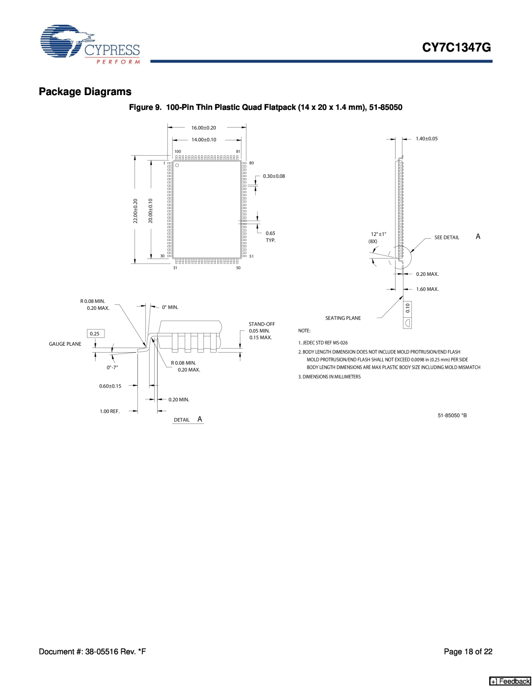 Cypress CY7C1347G manual Package Diagrams, 100-Pin Thin Plastic Quad Flatpack 14 x 20 x 1.4 mm, + Feedback 