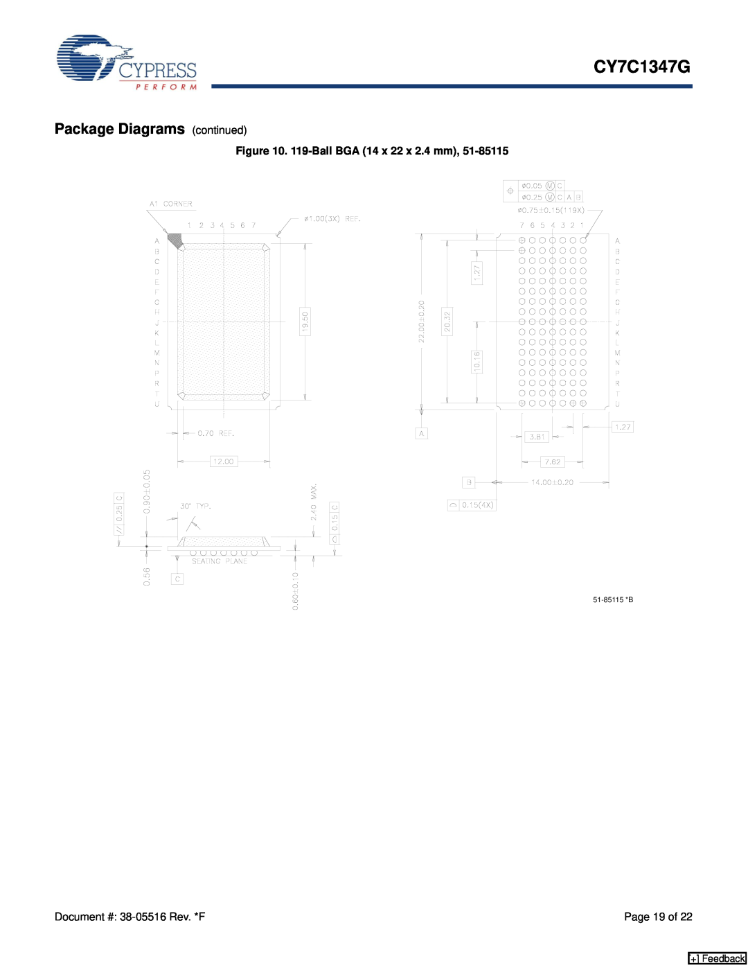 Cypress CY7C1347G manual Package Diagrams continued, 119-Ball BGA 14 x 22 x 2.4 mm, + Feedback 