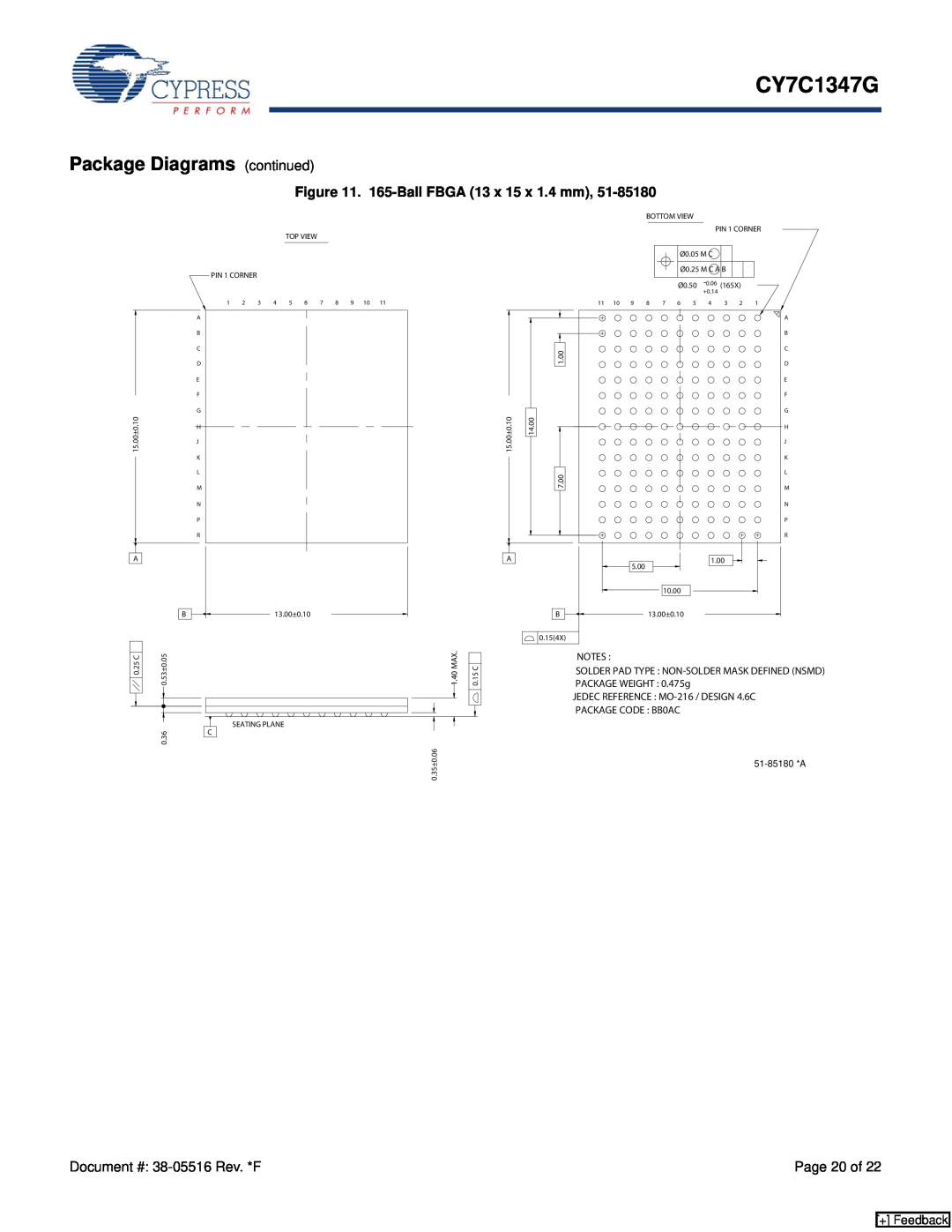 Cypress CY7C1347G manual Package Diagrams continued, 165-Ball FBGA 13 x 15 x 1.4 mm, Page 20 of, + Feedback 