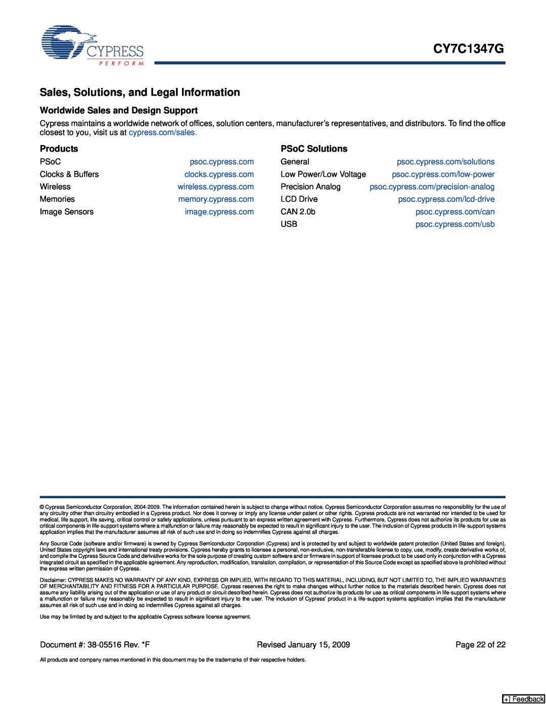 Cypress CY7C1347G Sales, Solutions, and Legal Information, Worldwide Sales and Design Support, Products, PSoC Solutions 