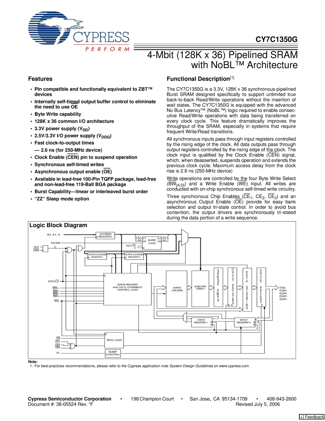 Cypress CY7C1350G manual Features, Logic Block Diagram, Cypress Semiconductor Corporation 