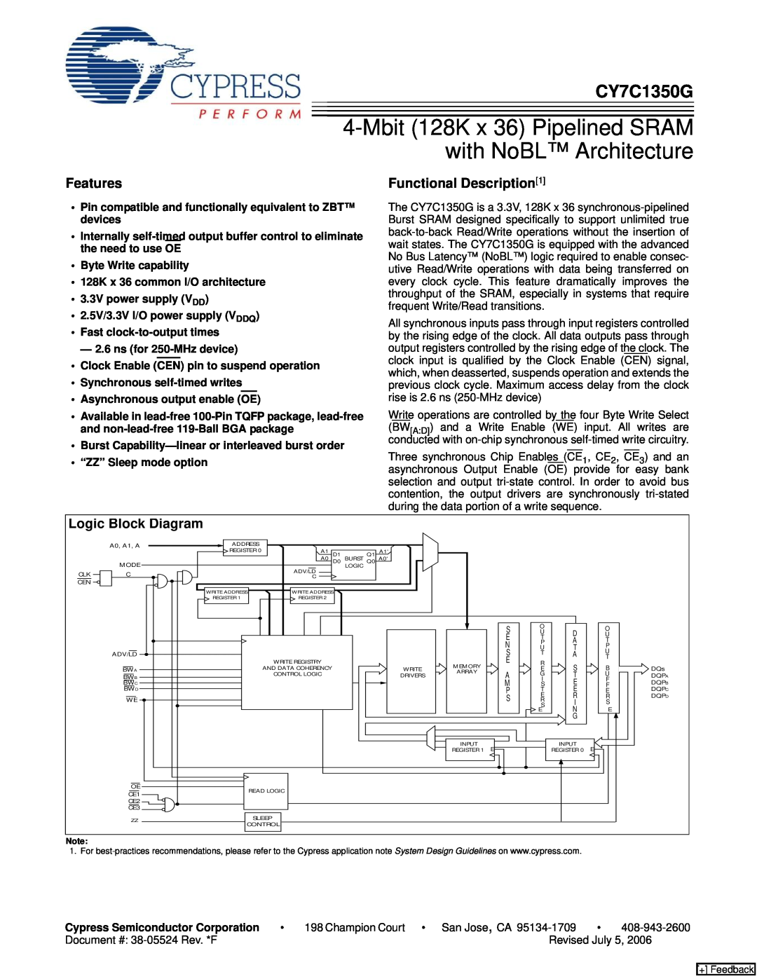 Cypress CY7C1350G manual Features, Logic Block Diagram, Functional Description1 