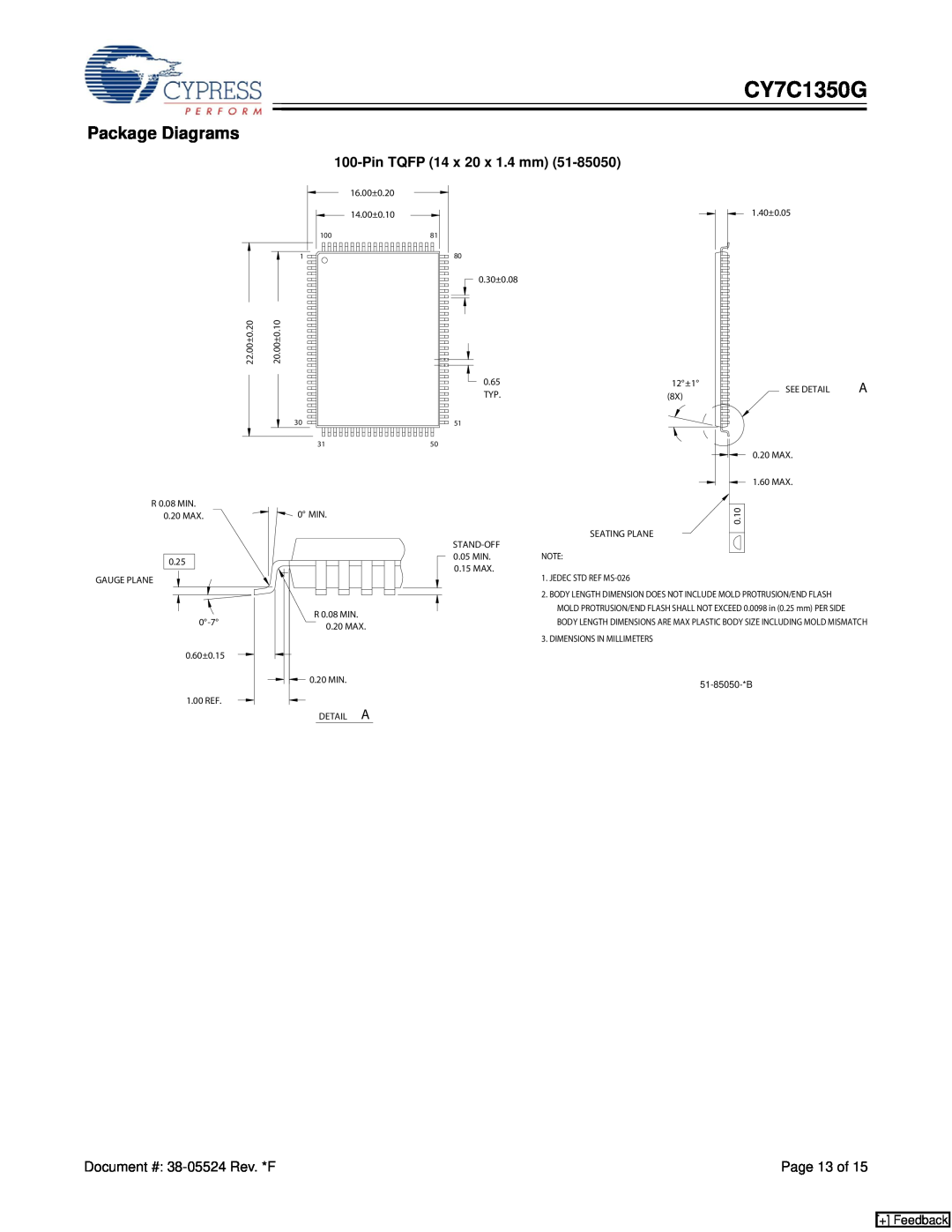 Cypress CY7C1350G manual Package Diagrams, Pin TQFP 14 x 20 x 1.4 mm, + Feedback 