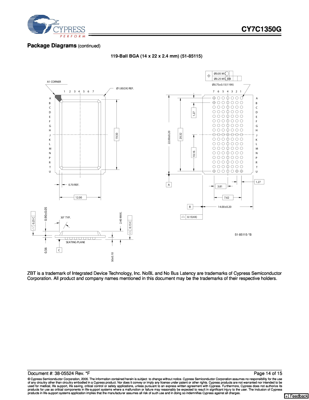 Cypress CY7C1350G manual Package Diagrams continued, Ball BGA 14 x 22 x 2.4 mm, + Feedback 