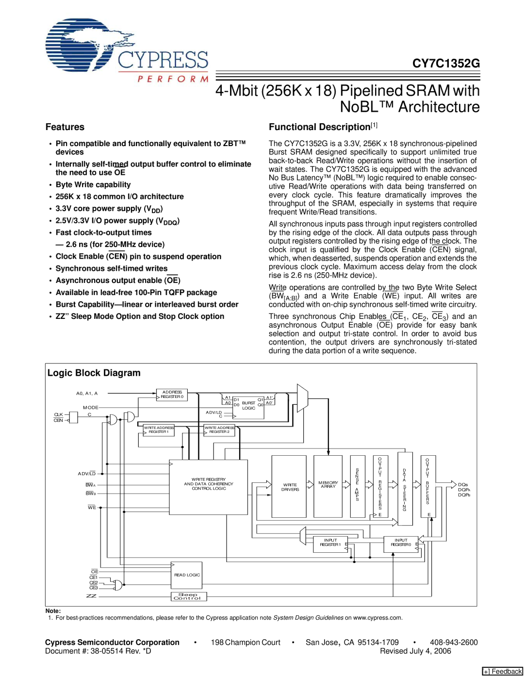 Cypress CY7C1352G manual Features, Functional Description1, Logic Block Diagram, Cypress Semiconductor Corporation 