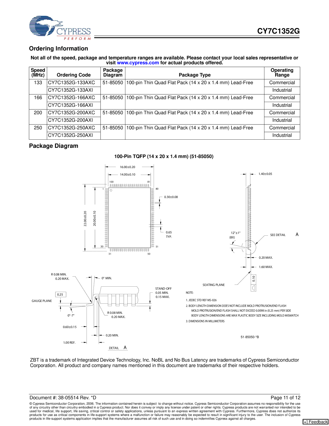 Cypress CY7C1352G manual Ordering Information, Package Diagram, Pin Tqfp 14 x 20 x 1.4 mm 