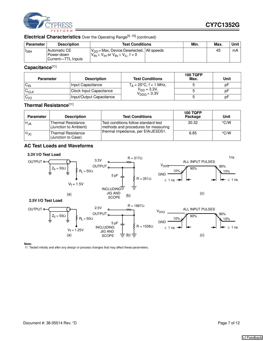 Cypress CY7C1352G manual Capacitance11, Thermal Resistance11, AC Test Loads and Waveforms 