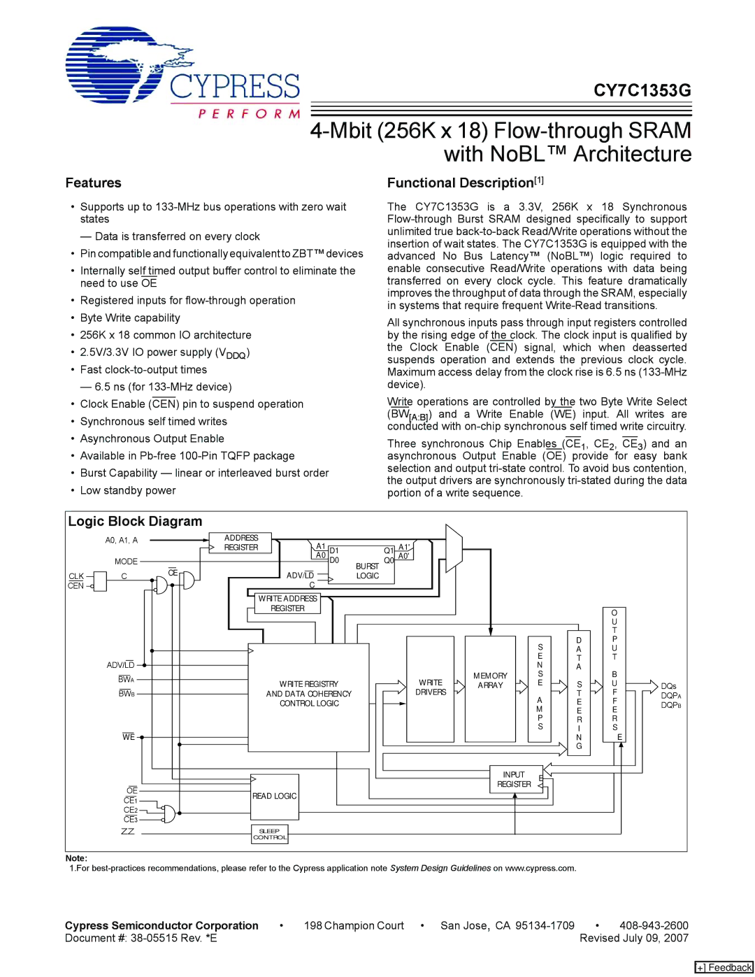 Cypress CY7C1353G manual Features, Functional Description1, Logic Block Diagram, Cypress Semiconductor Corporation 