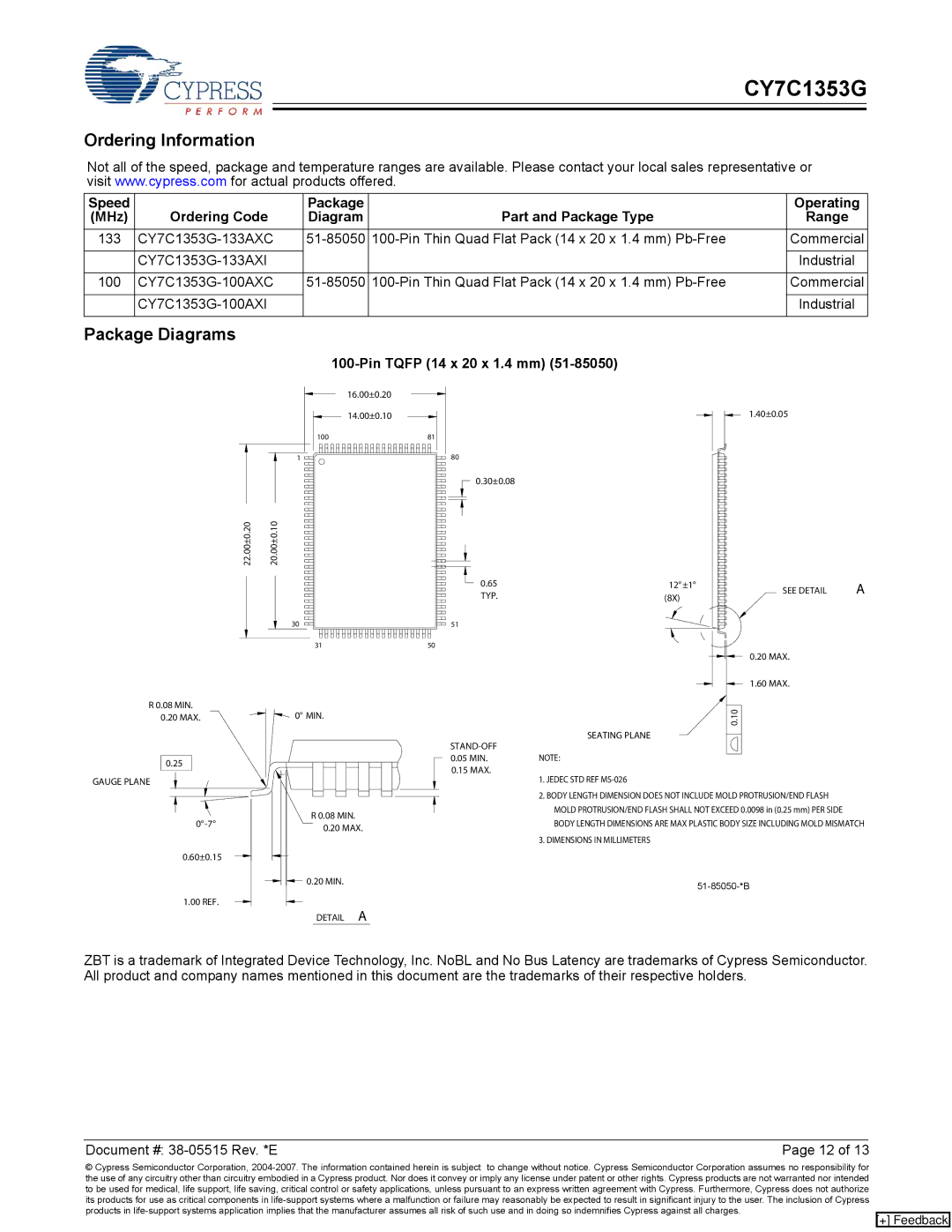 Cypress CY7C1353G manual Ordering Information, Package Diagrams, Pin Tqfp 14 x 20 x 1.4 mm 