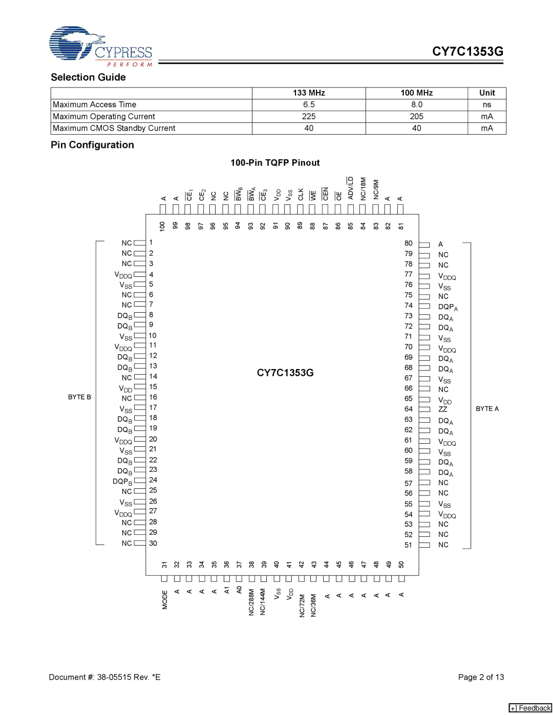 Cypress CY7C1353G manual Selection Guide, Pin Configuration, MHz 100 MHz Unit 