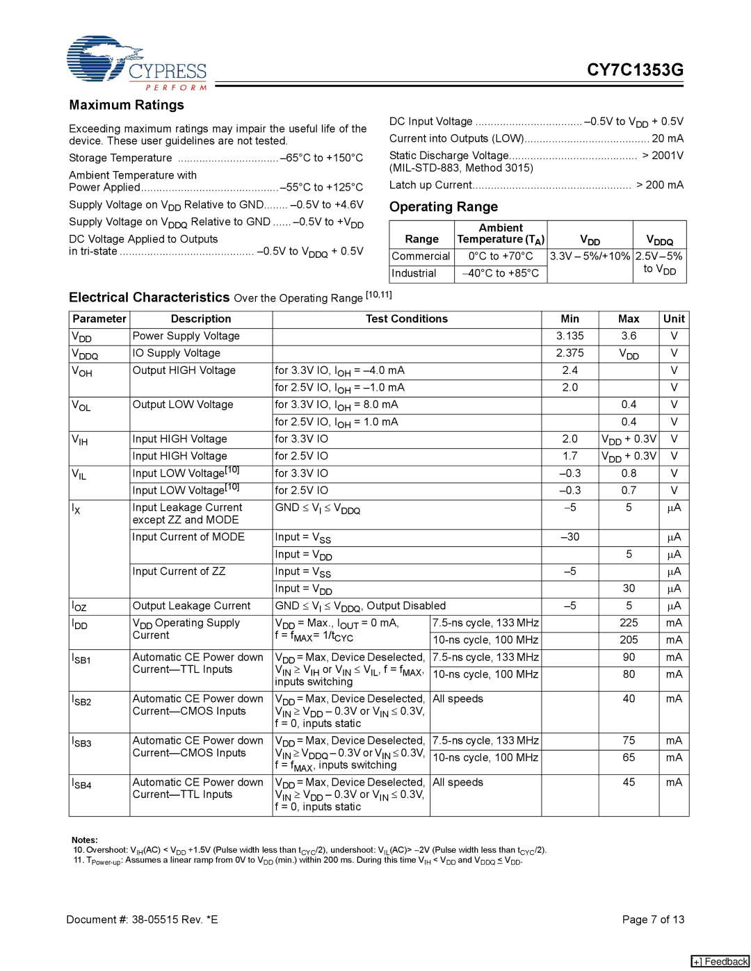 Cypress CY7C1353G manual Maximum Ratings, Electrical Characteristics Over the Operating Range 10,11, Ambient Range 