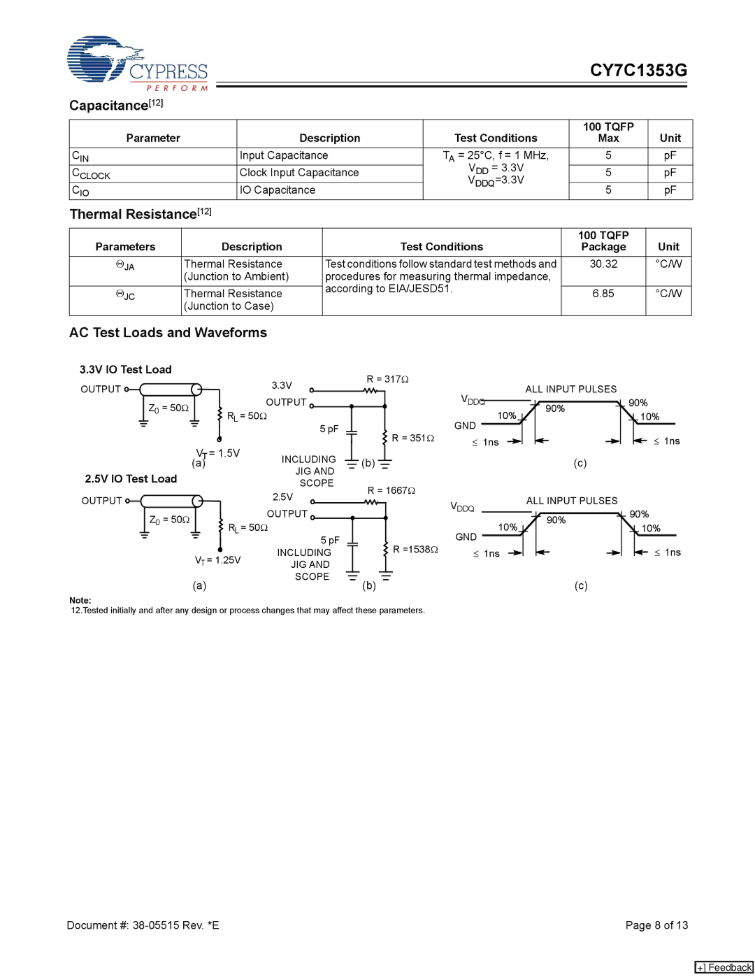 Cypress CY7C1353G manual Capacitance12, Thermal Resistance12, AC.Test Loads and Waveforms 