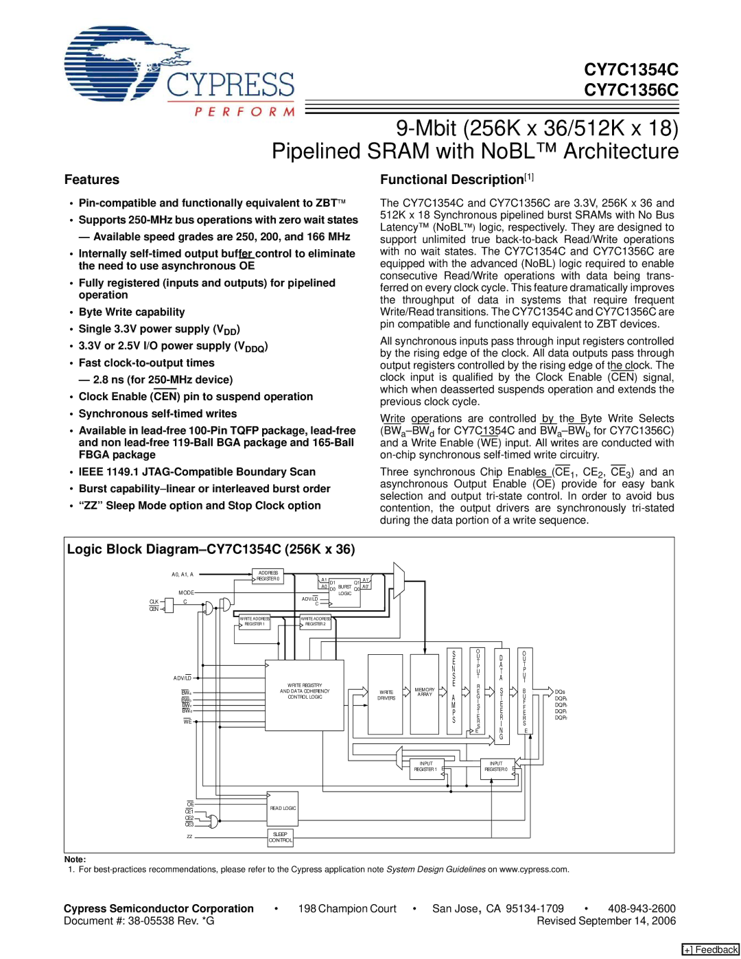 Cypress CY7C1356C manual Features, Functional Description1, Logic Block Diagram-CY7C1354C 256K x 