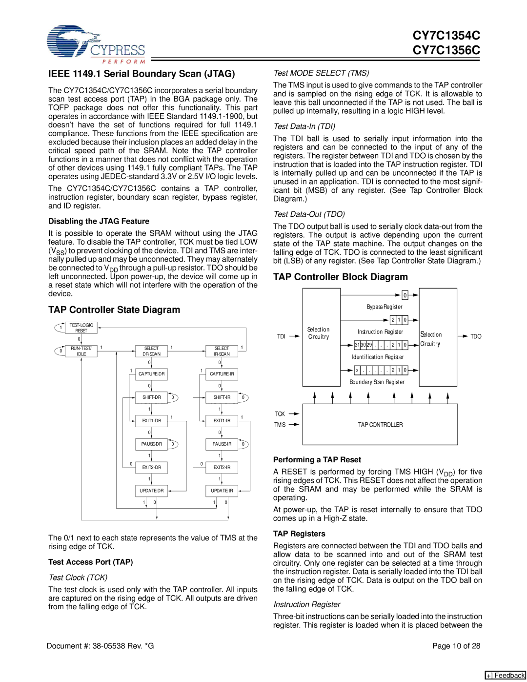 Cypress CY7C1354C manual Ieee 1149.1 Serial Boundary Scan Jtag, TAP Controller Block Diagram, TAP Controller State Diagram 