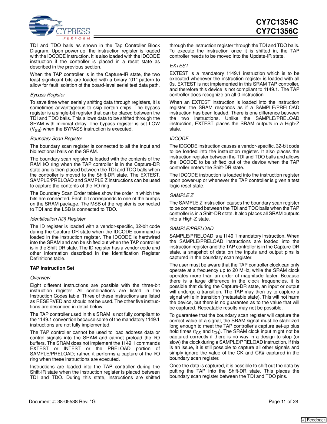 Cypress CY7C1356C, CY7C1354C manual Bypass Register, TAP Instruction Set 