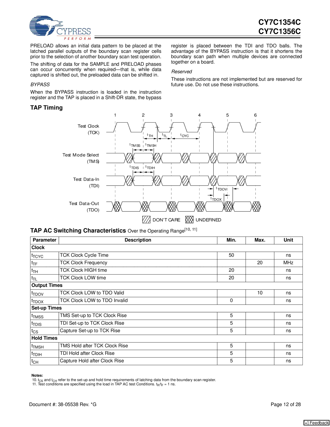 Cypress CY7C1354C, CY7C1356C TAP Timing, Parameter Description Min Max Unit Clock, Output Times, Set-up Times, Hold Times 