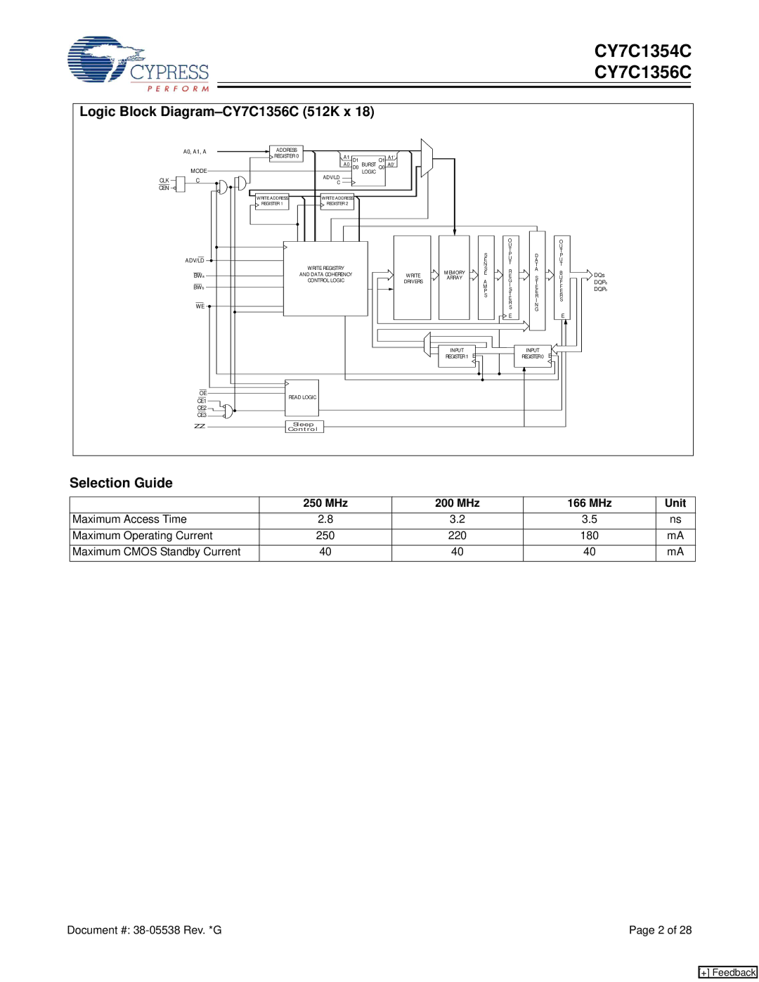 Cypress CY7C1354C manual Logic Block Diagram-CY7C1356C 512K x, Selection Guide, MHz 200 MHz 166 MHz Unit 