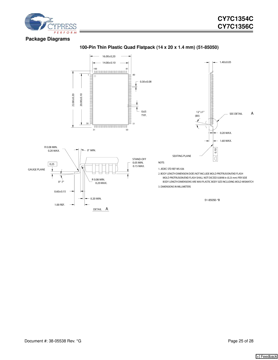 Cypress CY7C1356C, CY7C1354C manual Package Diagrams, Pin Thin Plastic Quad Flatpack 14 x 20 x 1.4 mm 