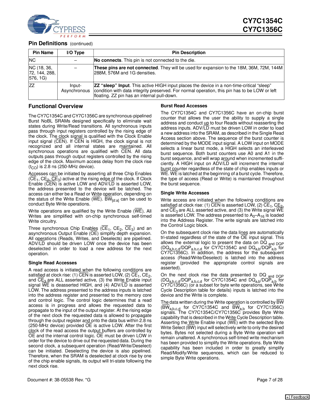 Cypress CY7C1356C, CY7C1354C manual Functional Overview, Single Read Accesses, Burst Read Accesses, Single Write Accesses 