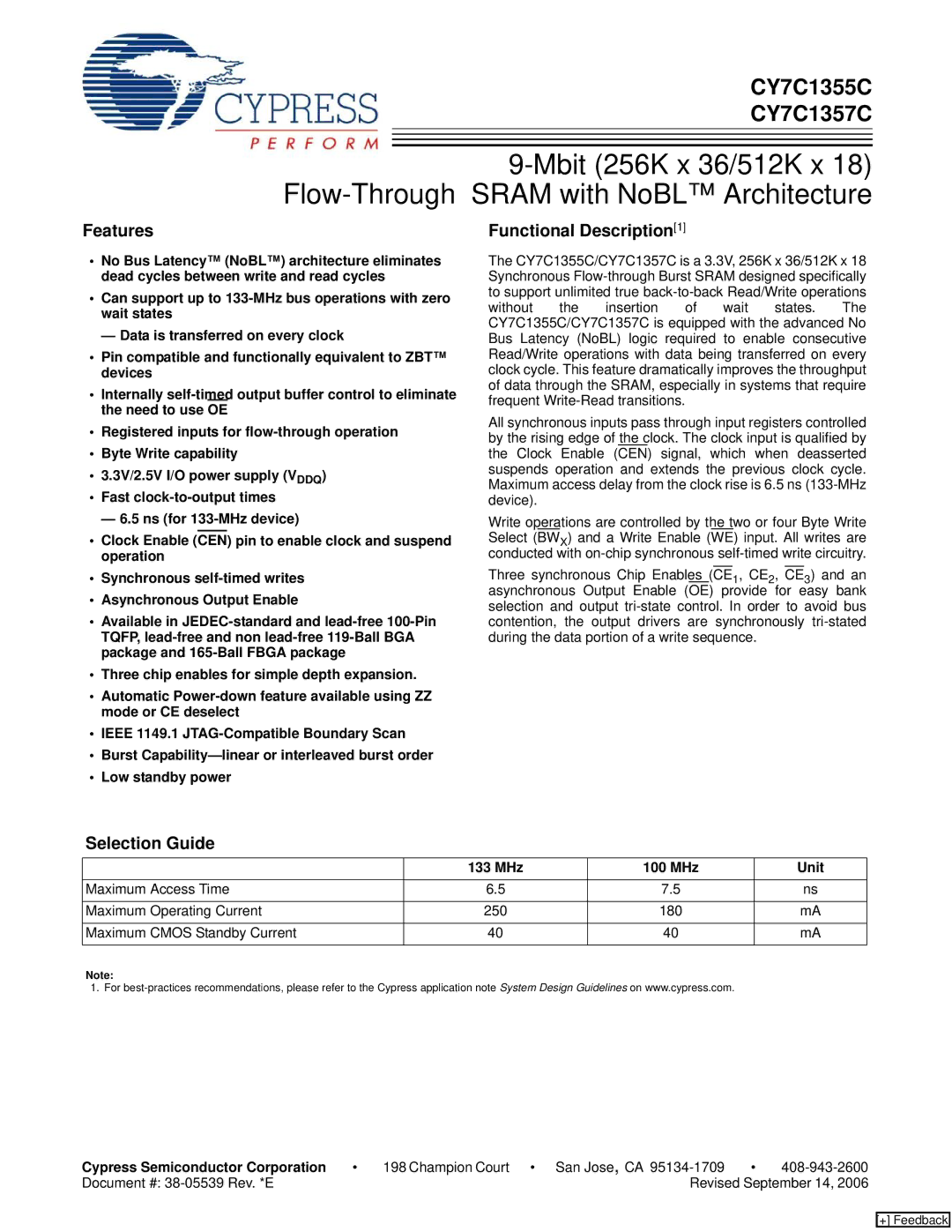 Cypress CY7C1357C, CY7C1355C manual Features, Functional Description1, Selection Guide, MHz 100 MHz Unit 