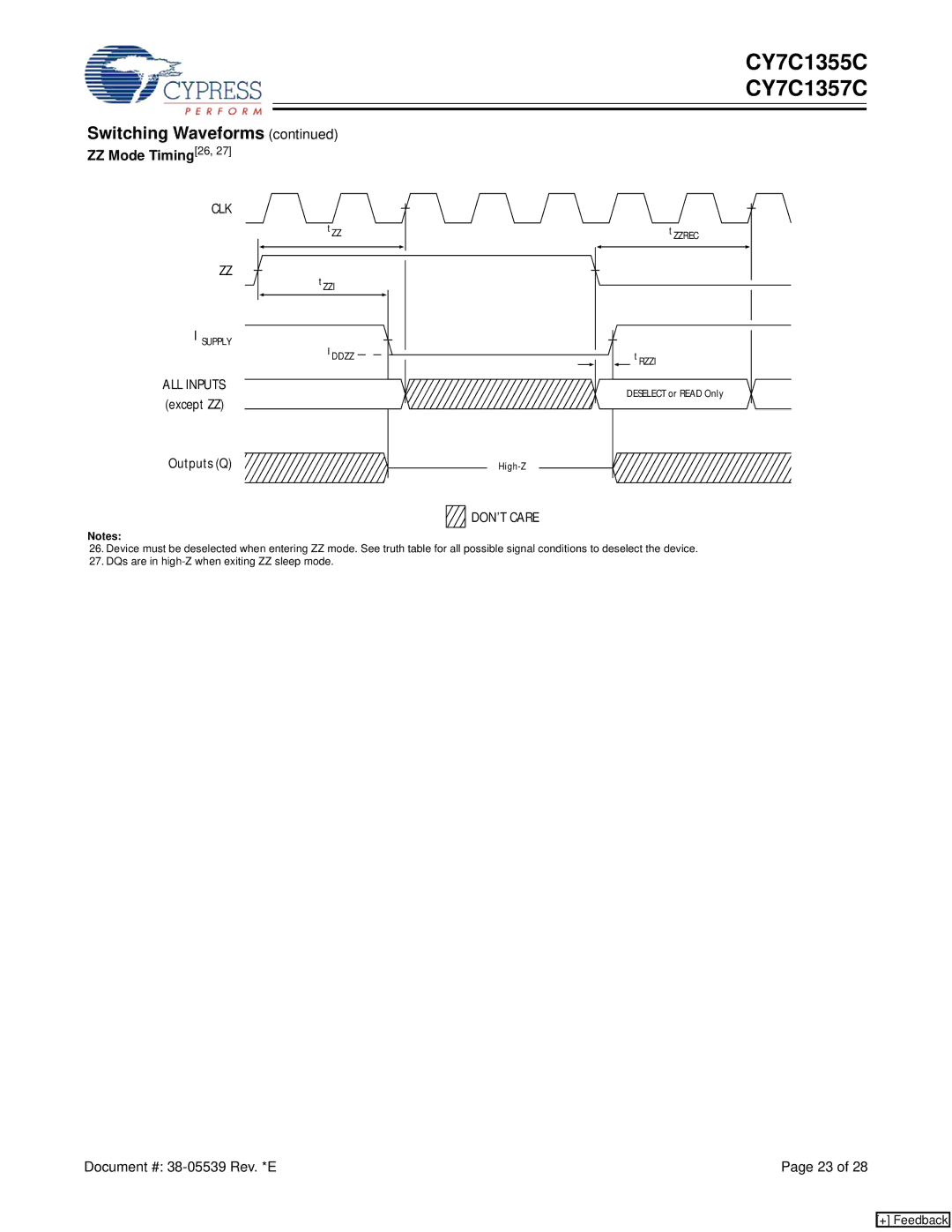 Cypress CY7C1357C, CY7C1355C manual ZZ Mode Timing26 