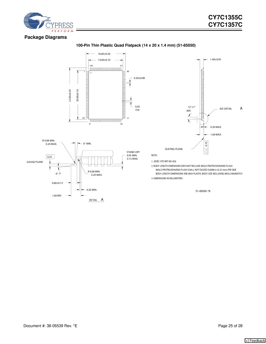 Cypress CY7C1357C, CY7C1355C manual Package Diagrams, Pin Thin Plastic Quad Flatpack 14 x 20 x 1.4 mm 