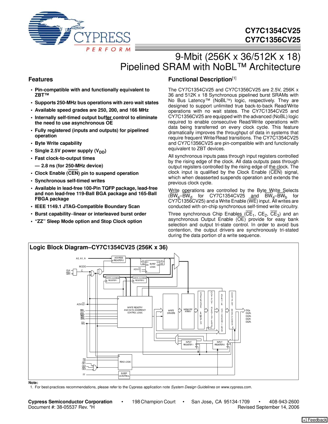 Cypress CY7C1356CV25 manual Features, Functional Description1, Logic Block Diagram-CY7C1354CV25 256K x 