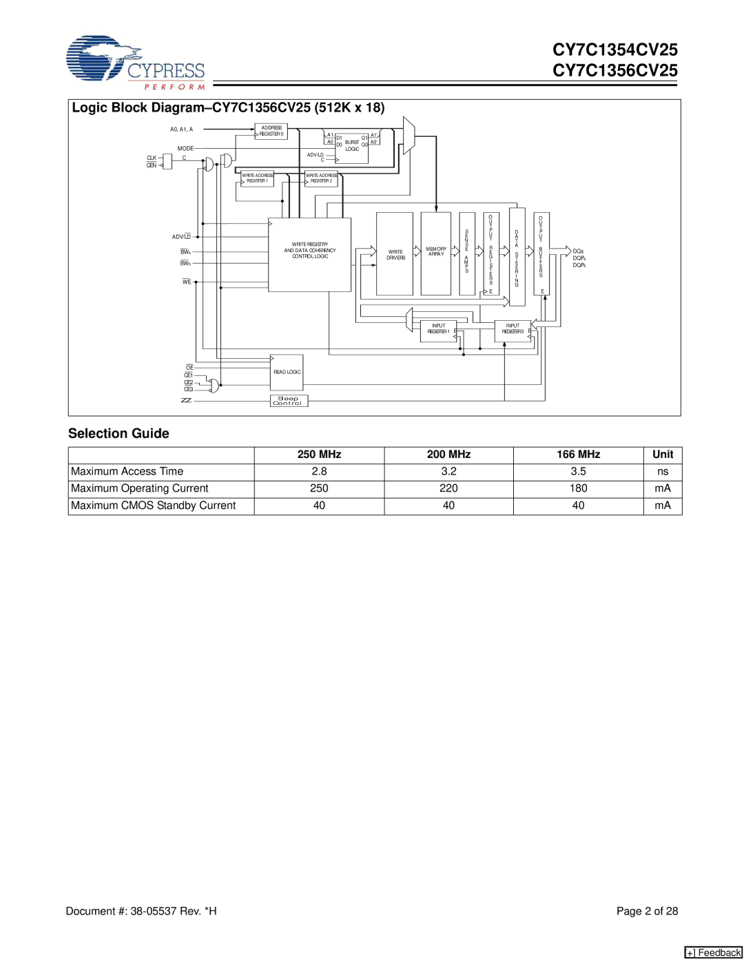 Cypress CY7C1354CV25 manual Logic Block Diagram-CY7C1356CV25 512K x, Selection Guide, MHz 200 MHz 166 MHz Unit 