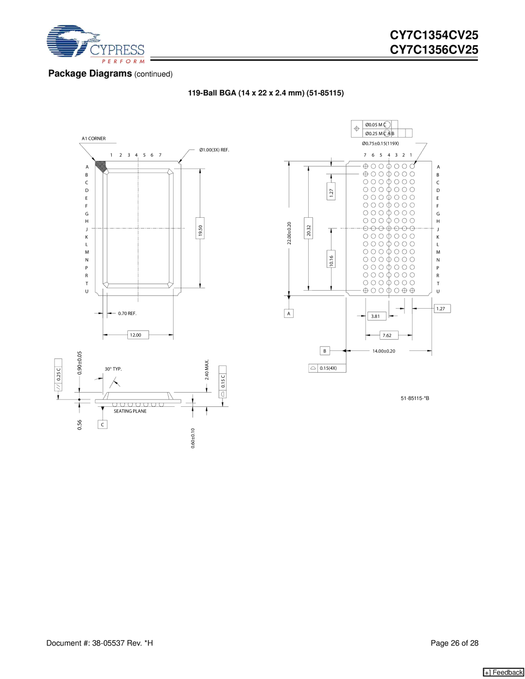 Cypress CY7C1356CV25, CY7C1354CV25 manual Ball BGA 14 x 22 x 2.4 mm, 90±0.05 