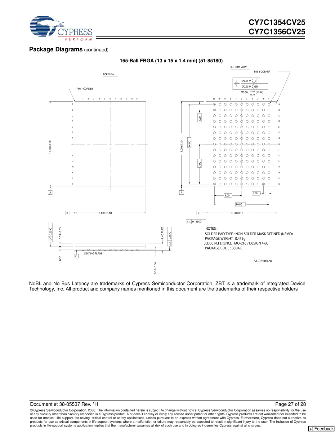 Cypress CY7C1354CV25, CY7C1356CV25 manual Ball Fbga 13 x 15 x 1.4 mm 