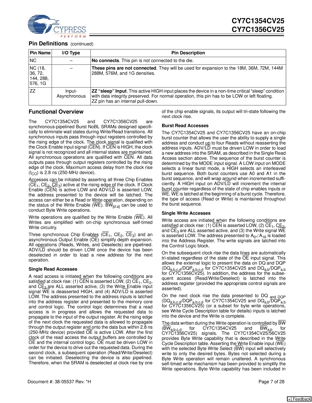 Cypress CY7C1354CV25, CY7C1356CV25 Functional Overview, Single Read Accesses, Burst Read Accesses, Single Write Accesses 