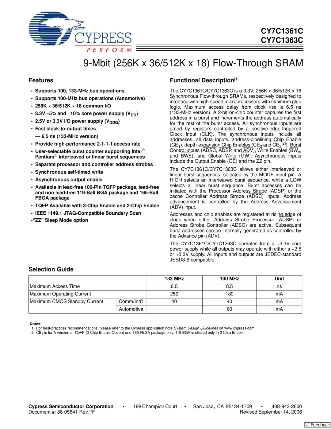 Cypress CY7C1363C, CY7C1361C manual Features, Selection Guide Functional Description1, MHz 100 MHz Unit 