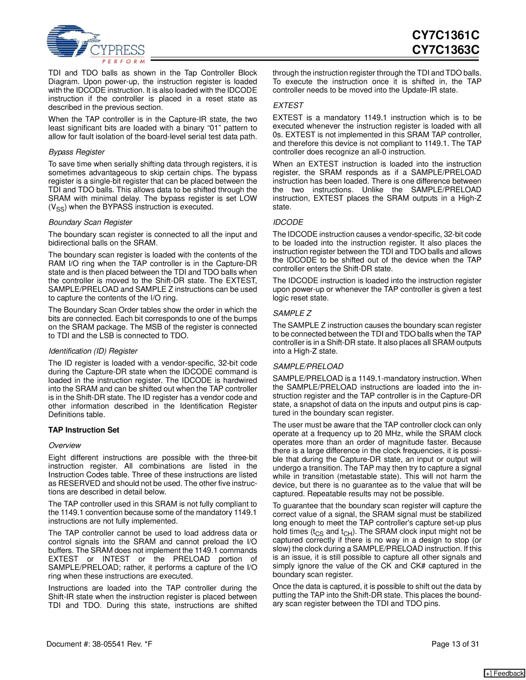 Cypress CY7C1363C, CY7C1361C manual Bypass Register, TAP Instruction Set 