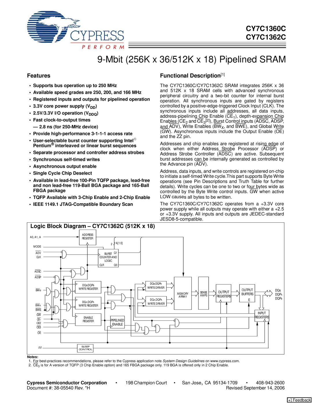 Cypress CY7C1360C manual Features, Functional Description1, Logic Block Diagram CY7C1362C 512K x 