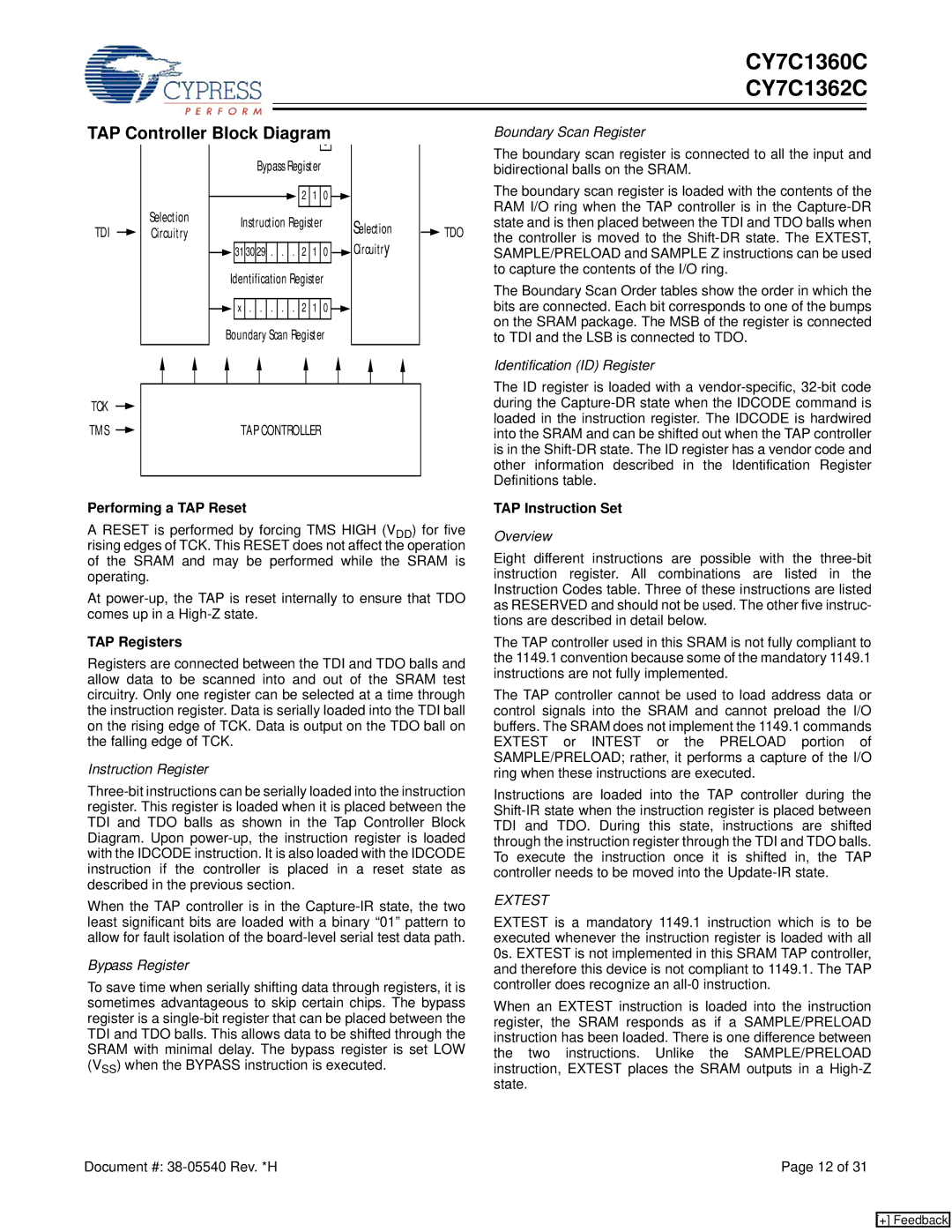 Cypress CY7C1362C, CY7C1360C manual TAP Controller Block Diagram, Performing a TAP Reset, TAP Registers, TAP Instruction Set 