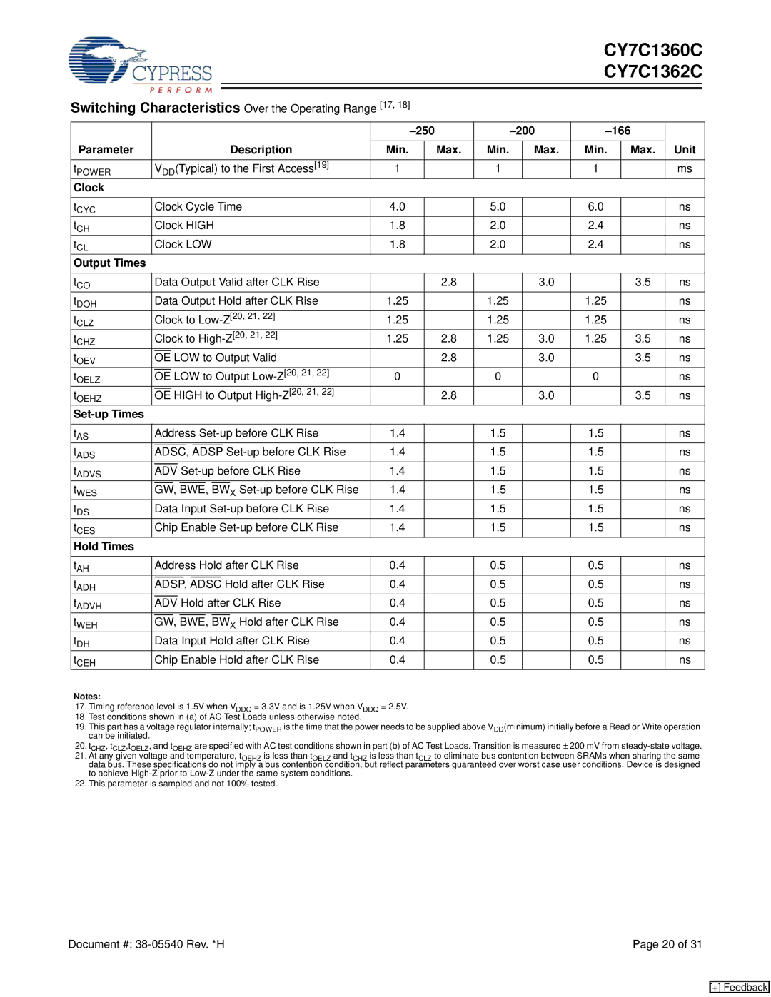 Cypress CY7C1362C manual Switching Characteristics Over the Operating Range 17, 250 200 166 Parameter Description Unit Min 