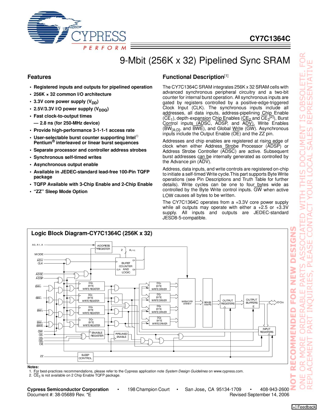 Cypress CY7C1364C manual Features, Functional Description1, Cypress Semiconductor Corporation 