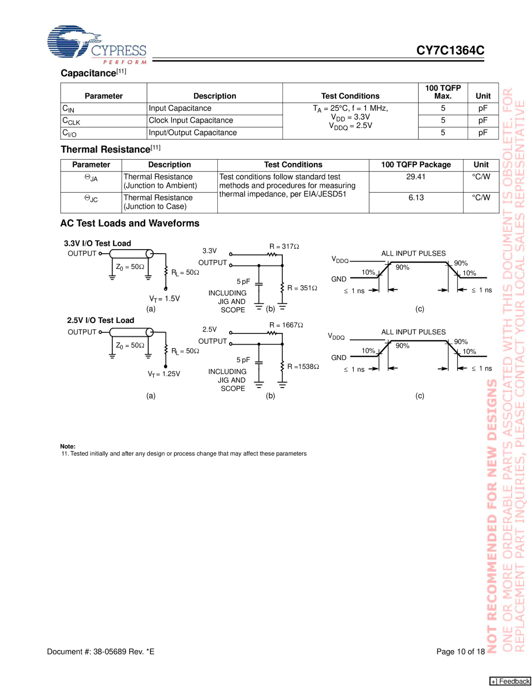 Cypress CY7C1364C manual Capacitance11, Thermal Resistance, AC Test Loads and Waveforms 