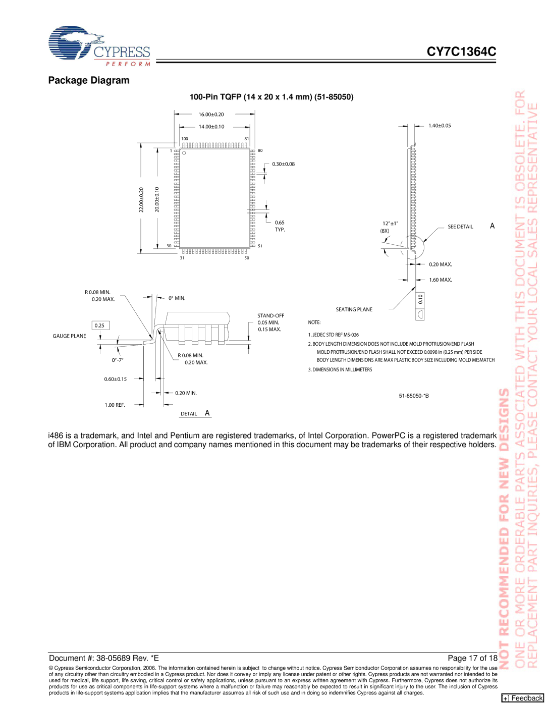 Cypress CY7C1364C manual Package Diagram, Pin Tqfp 14 x 20 x 1.4 mm 