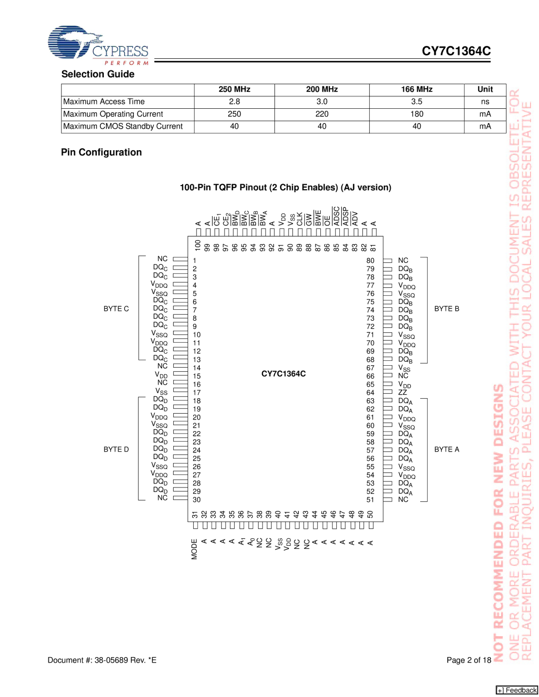 Cypress CY7C1364C manual Selection Guide, Pin Configuration, MHz 200 MHz 166 MHz Unit 