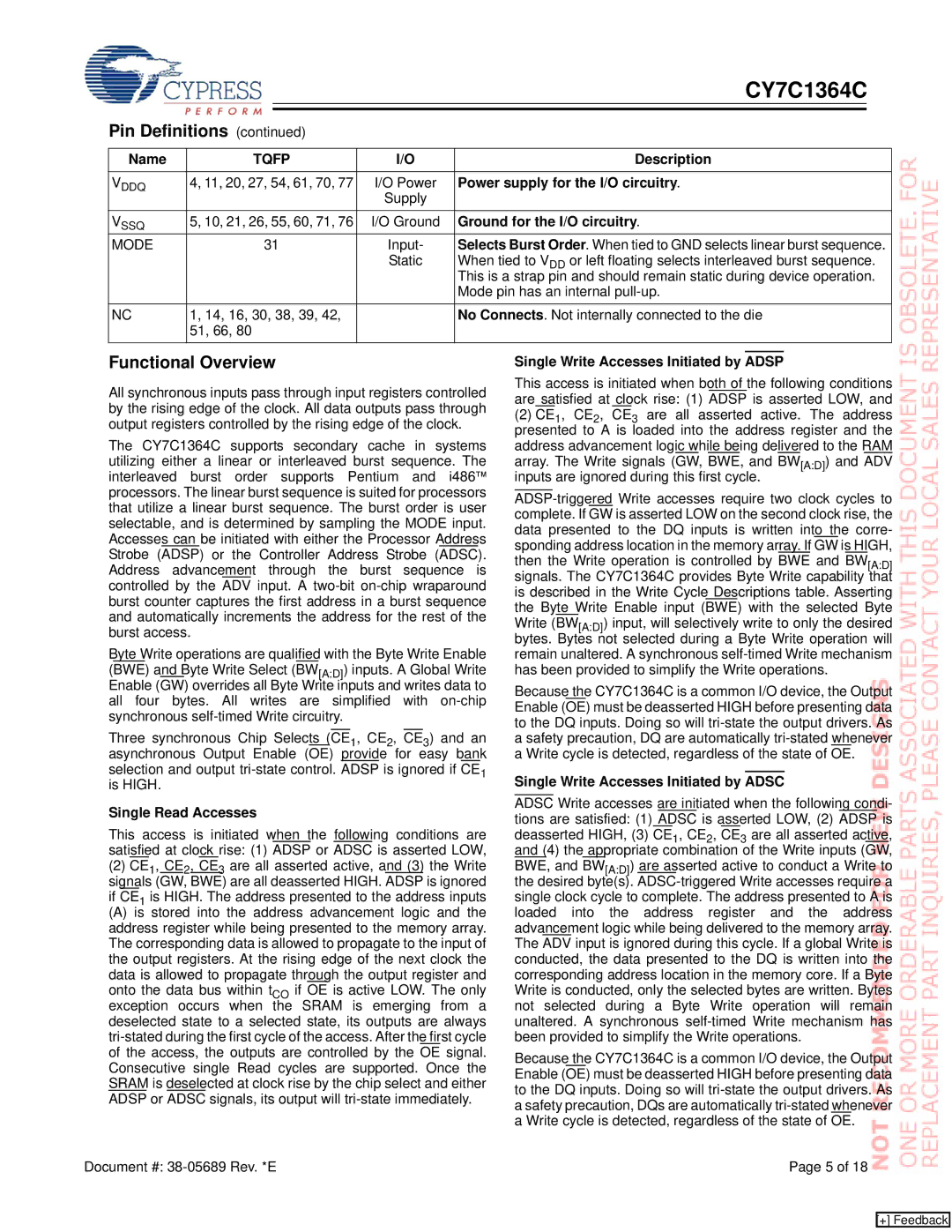 Cypress CY7C1364C manual Functional Overview 