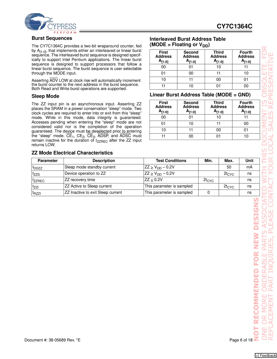 Cypress CY7C1364C Burst Sequences, Sleep Mode, Linear Burst Address Table Mode = GND, First Second Third Fourth Address 