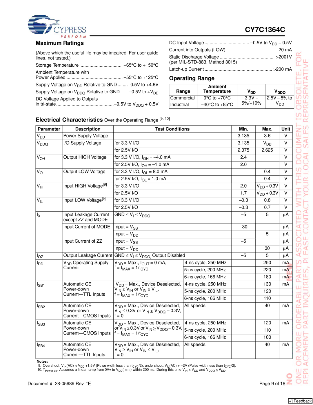 Cypress CY7C1364C manual Maximum Ratings, Electrical Characteristics Over the Operating Range 9 