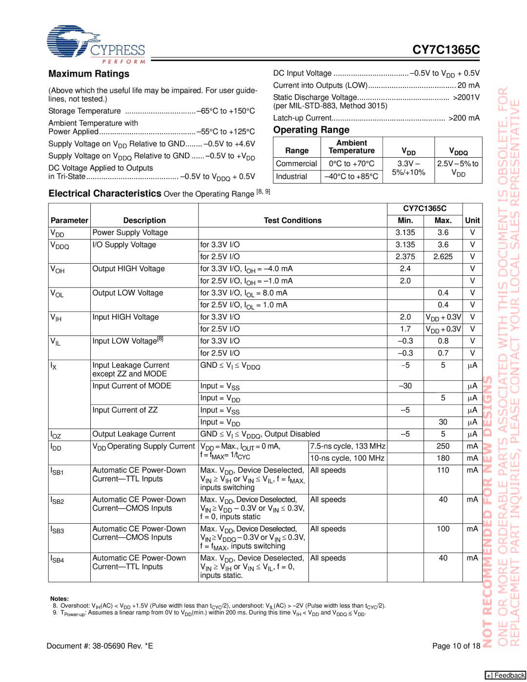 Cypress CY7C1365C manual Maximum Ratings, Operating Range, Ambient Range, Gnd ≤ V I ≤ V Ddq 