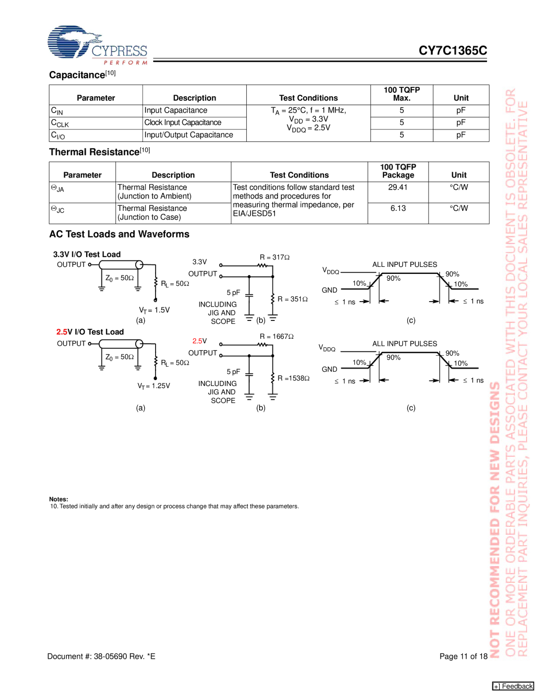 Cypress CY7C1365C manual Thermal Resistance10, AC Test Loads and Waveforms 