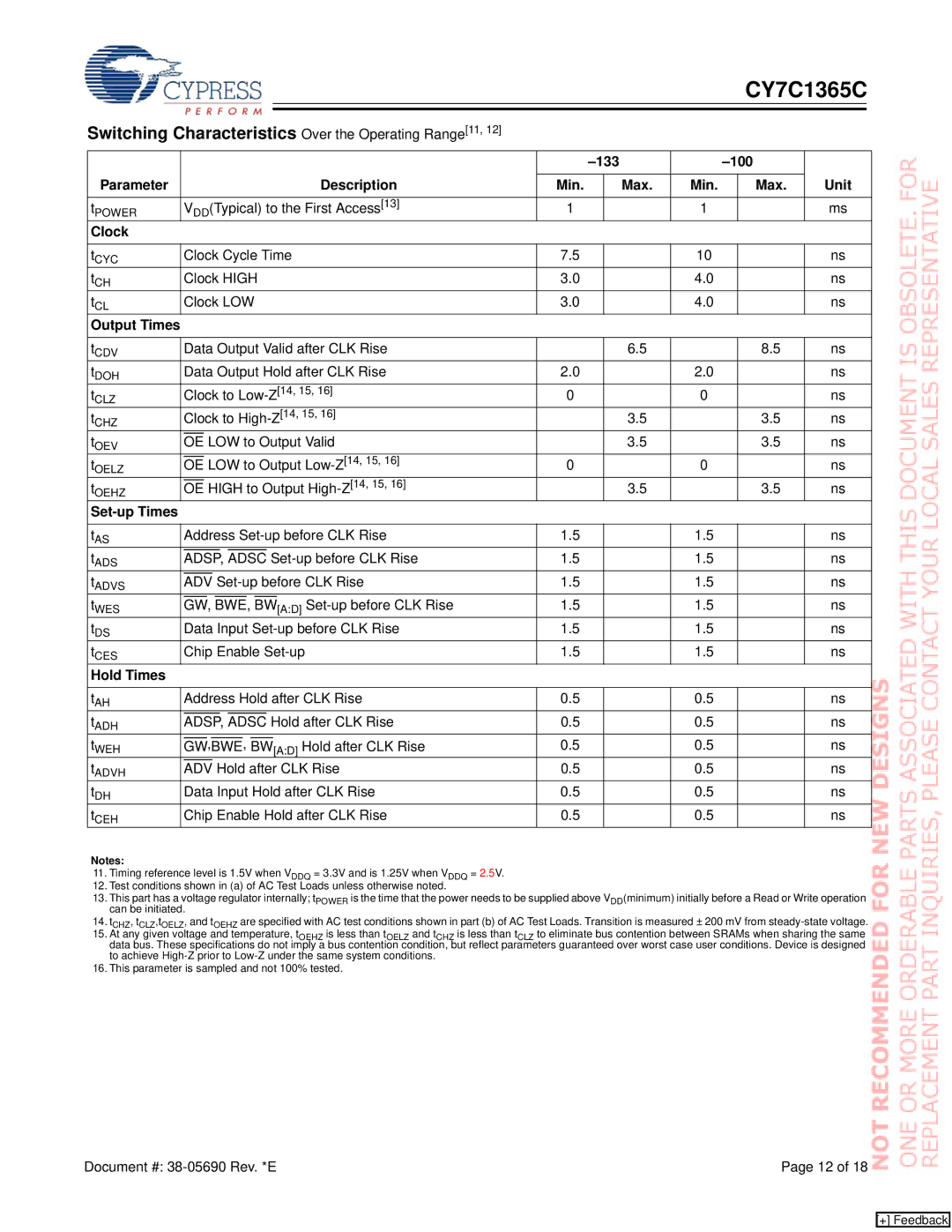 Cypress CY7C1365C manual Switching Characteristics Over the Operating Range11 