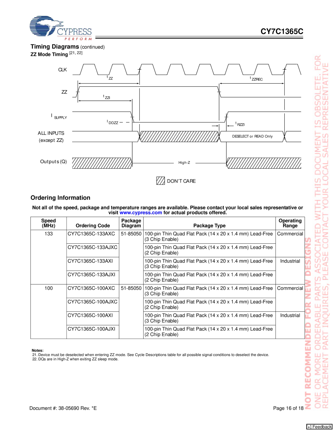 Cypress CY7C1365C manual Ordering Information, ZZ Mode Timing 21, DON’T Care 