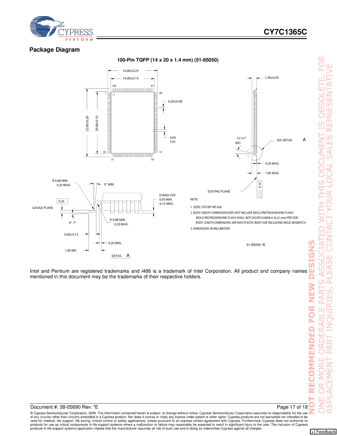 Cypress CY7C1365C manual Package Diagram, Pin Tqfp 14 x 20 x 1.4 mm 