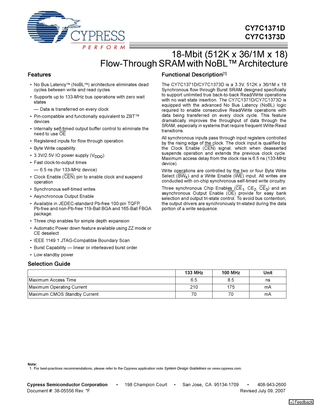 Cypress CY7C1371D, CY7C1373D manual Features, Selection Guide Functional Description1, MHz 100 MHz Unit 