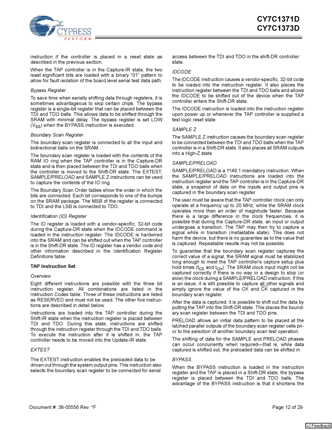 Cypress CY7C1373D, CY7C1371D manual Bypass Register, TAP Instruction Set 